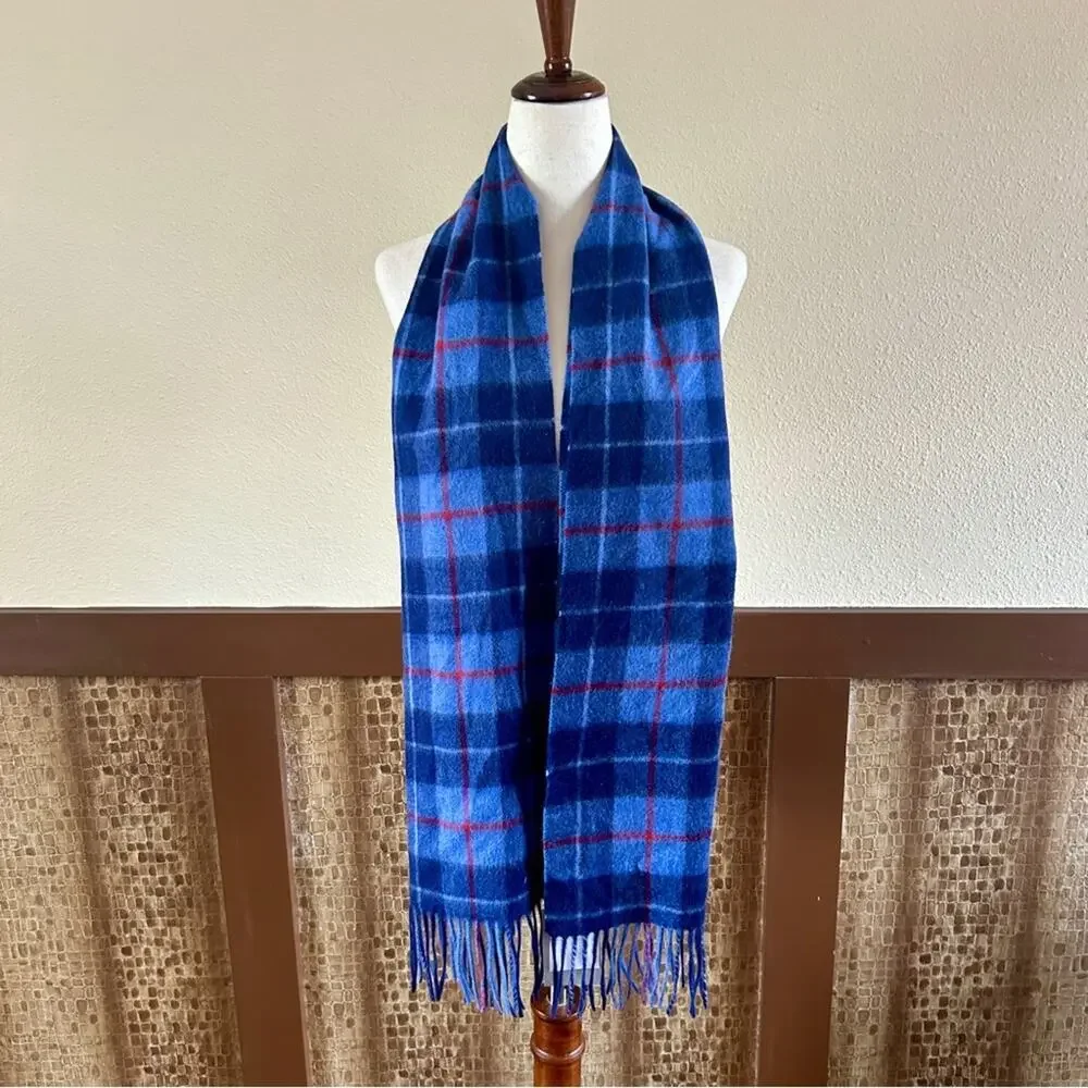 Louisa Perini Men's Fringed 100% Cashmere Scarf in Blue Tartan NWT